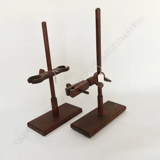 2 WOODEN LAB FLASK STANDS, ONE LABELED 'W & G GEORGE LTD, 157 GREAT CHARLES STREET, BIRMINGHAM'